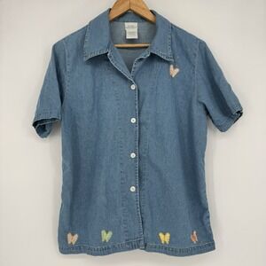 90s Denim Button Shirt Women's Medium Short‎ Sleeve Butterfly Embroidered Blue